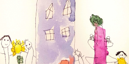 børnetegning med mennesker og hus